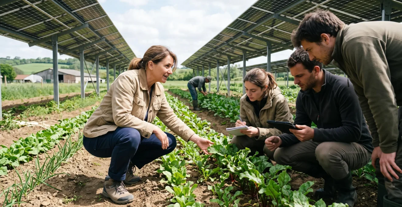 Groupe de professionnels suivant une formation pratique en agrivoltaïsme sur le terrain avec un formateur expliquant le suivi des cultures sous panneaux solaires