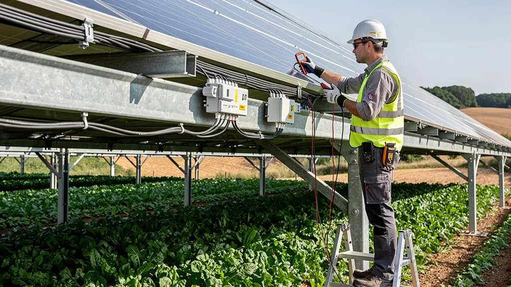 Technicien inspectant les éléments techniques et électriques d'une installation agrivoltaïque avec cultures agricoles visibles en dessous