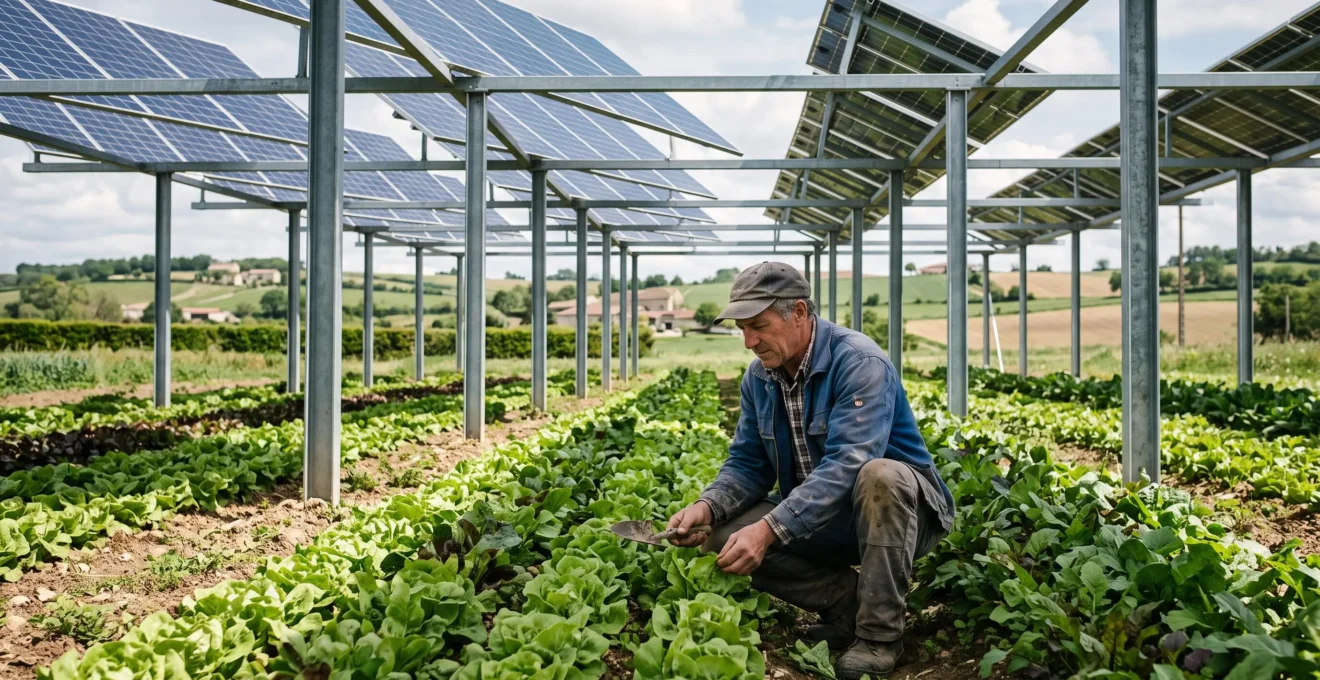 Agriculteur travaillant des cultures maraîchères sous une installation agrivoltaïque avec panneaux solaires surélevés dans une exploitation française