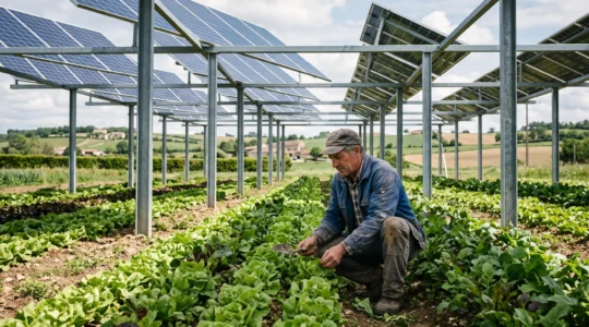 Agriculteur travaillant des cultures maraîchères sous une installation agrivoltaïque avec panneaux solaires surélevés dans une exploitation française